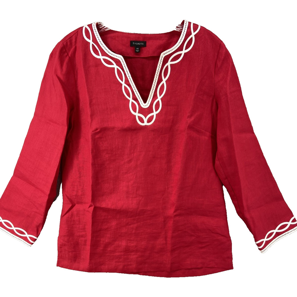 Talbots Shirt Tunic Womens Sz XS Red Lace Trim Long Sleeve 100% Linen V-Neck